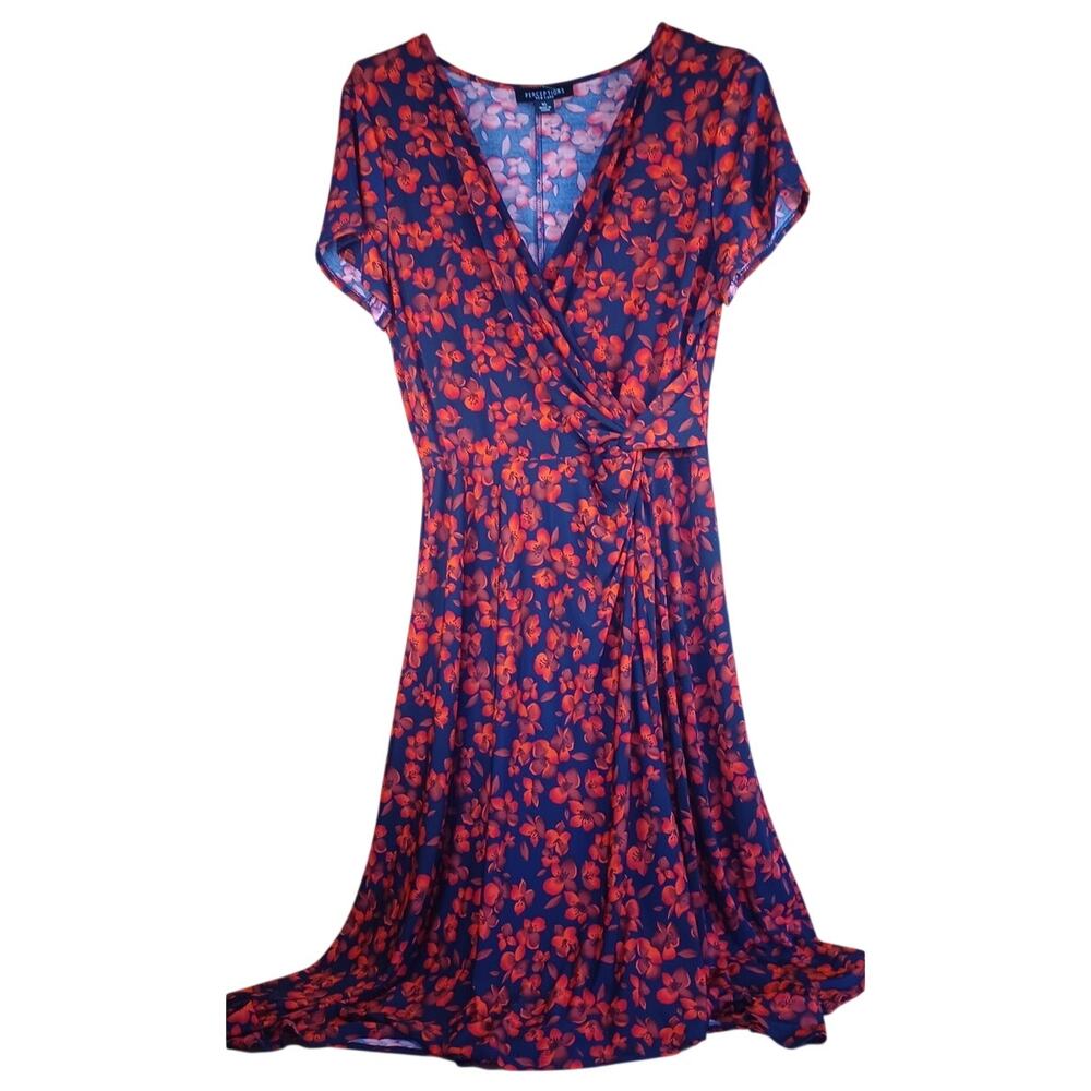 Perceptions New York XL Navy Red Floral Faux Wrap Midi Dress Stretch - Picture 2 of 8